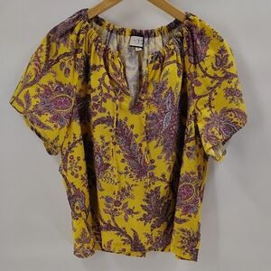 J. Crew Top Size XXL Yellow Floral Print Short Sleeve Tie Front Cotton